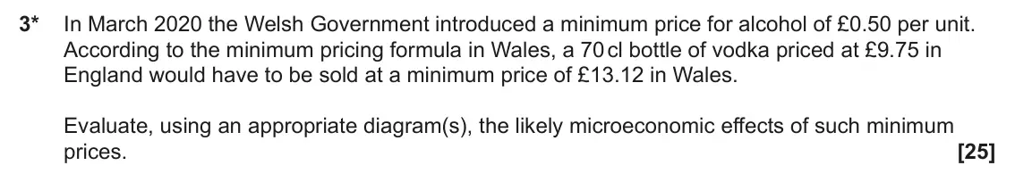 June 2024 Paper 1, question 3: 3* In March 2020 the Welsh Government introduced a minimum price for alcohol of £0.50 per unit. According to the minimum pricing formula in Wales, a 70 cl bottl