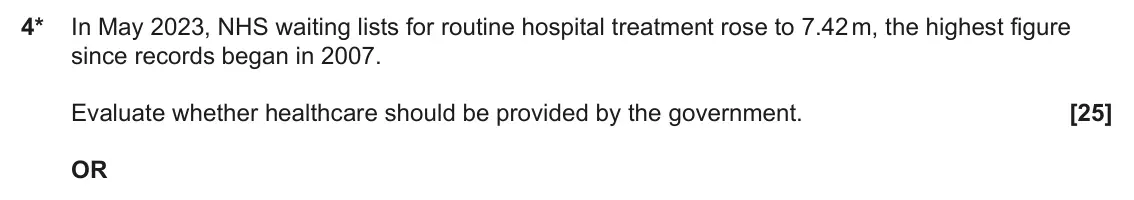 June 2024 Paper 1, question 4: 4* In May 2023, NHS waiting lists for routine hospital treatment rose to 7.42 m, the highest figure since records began in 2007. Evaluate whether healthcare sho