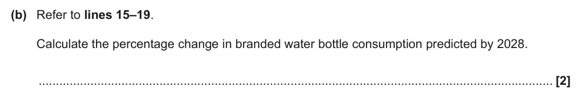 June 2025 Paper 1, question 1(b): Refer to lines 15–19. Calculate the percentage change in branded water bottle consumption predicted by 2028. [2]