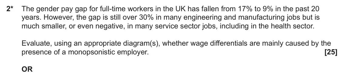 November 2021 Paper 1, question 2: 2* The gender pay gap for full-time workers in the UK has fallen from 17% to 9% in the past 20 years. However, the gap is still over 30% in many engineering and