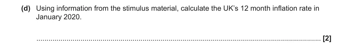 June 2022 Paper 2, question 1(d): Using information from the stimulus material, calculate the UK’s 12 month inflation rate in January 2020. [2]