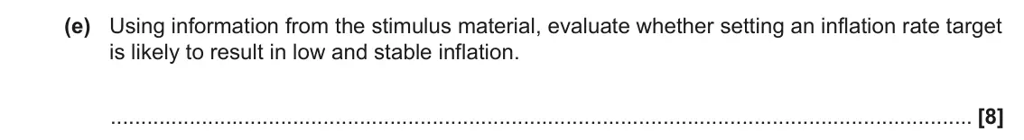 June 2022 Paper 2, question 1(e): Using information from the stimulus material, evaluate whether setting an inflation rate target is likely to result in low and stable inflation. [8]