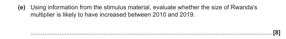June 2023 Paper 2, question 1(e): Using information from the stimulus material, evaluate whether the size of Rwanda’s multiplier is likely to have increased between 2010 and 2019. [8]
