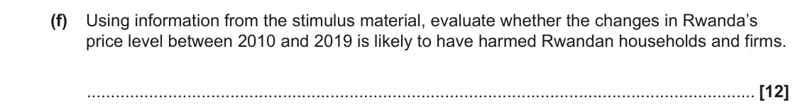 June 2023 Paper 2, question 1(f): Using information from the stimulus material, evaluate whether the changes in Rwanda’s price level between 2010 and 2019 is likely to have harmed Rwandan househ