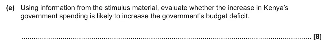 June 2024 Paper 2, question 1(e): Using information from the stimulus material, evaluate whether the increase in Kenya’s government spending is likely to increase the government’s budget deficit