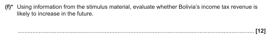 June 2025 Paper 2, question 1(f): (f)* Using information from the stimulus material, evaluate whether Bolivia’s income tax revenue is likely to increase in the future. [12]