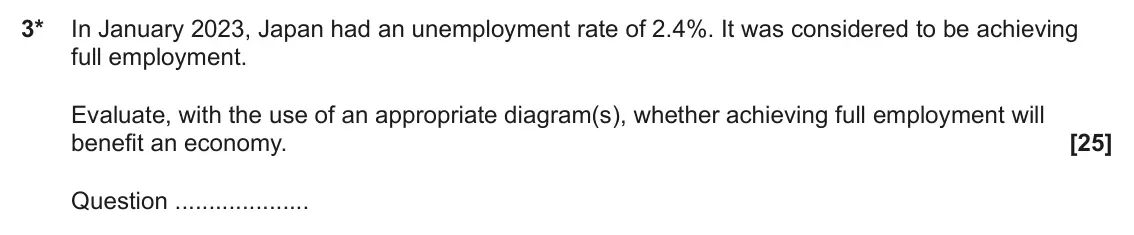 June 2025 Paper 2, question 3: 3* In January 2023, Japan had an unemployment rate of 2.4%. It was considered to be achieving full employment. Evaluate, with the use of an appropriate diagram(