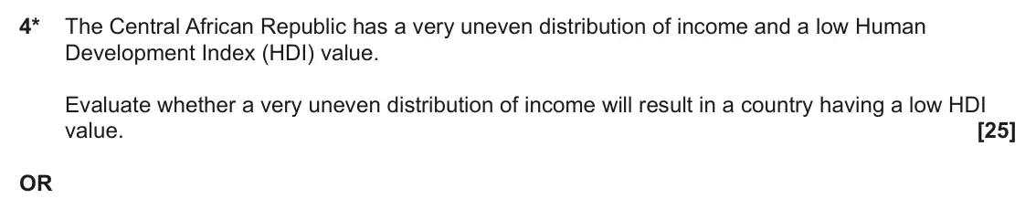 June 2025 Paper 2, question 4: 4* The Central African Republic has a very uneven distribution of income and a low Human Development Index (HDI) value. Evaluate whether a very uneven distribut