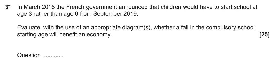 November 2021 Paper 2, question 3: 3* In March 2018 the French government announced that children would have to start school at age 3 rather than age 6 from September 2019. Evaluate, with the use