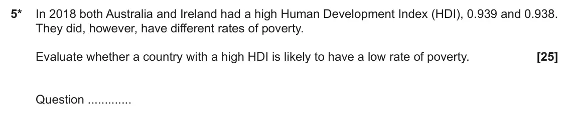 November 2021 Paper 2, question 5: 5* In 2018 both Australia and Ireland had a high Human Development Index (HDI), 0.939 and 0.938. They did, however, have different rates of poverty. Evaluate wh