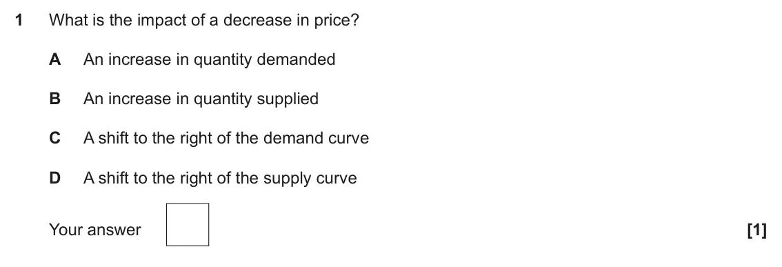 June 2022 Paper 3, question 1: What is the impact of a decrease in price? A An increase in quantity demanded B An increase in quantity supplied C A shift to the right of the demand curve D A 