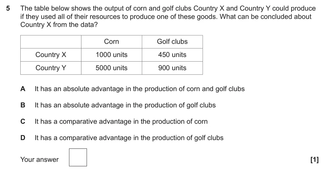 June 2022 Paper 3, question 5: The table below shows the output of corn and golf clubs Country X and Country Y could produce if they used all of their resources to produce one of these goods.