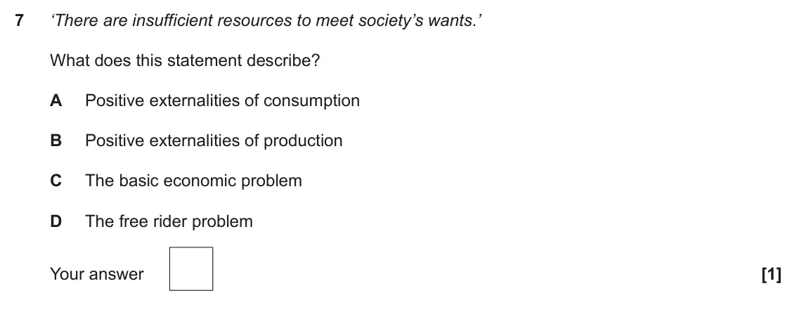 June 2022 Paper 3, question 7: ‘There are insufficient resources to meet society’s wants.’ What does this statement describe? A Positive externalities of consumption B Positive externalities 