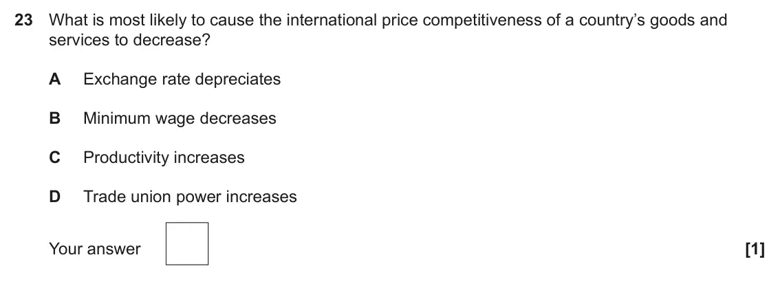June 2022 Paper 3, question 23: What is most likely to cause the international price competitiveness of a country’s goods and services to decrease? A Exchange rate depreciates B Minimum wage d