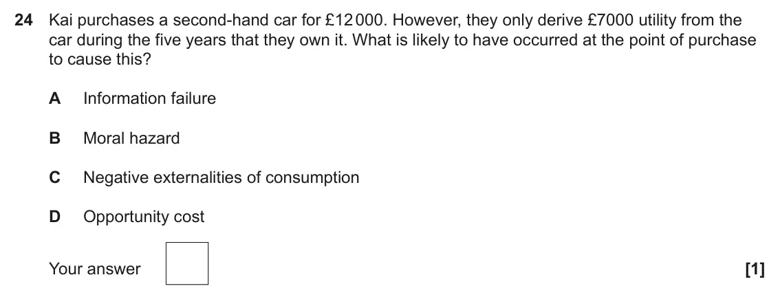 June 2022 Paper 3, question 24: Kai purchases a second-hand car for £12 000. However, they only derive £7000 utility from the car during the five years that they own it. What is likely to have