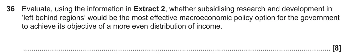 June 2022 Paper 3, question 36: Evaluate, using the information in Extract 2, whether subsidising research and development in ‘left behind regions’ would be the most effective macroeconomic po