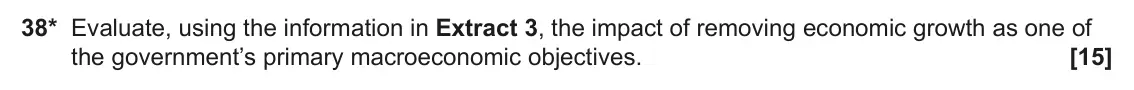 June 2022 Paper 3, question 38: 38* Evaluate, using the information in Extract 3, the impact of removing economic growth as one of the government’s primary macroeconomic objectives. [15]