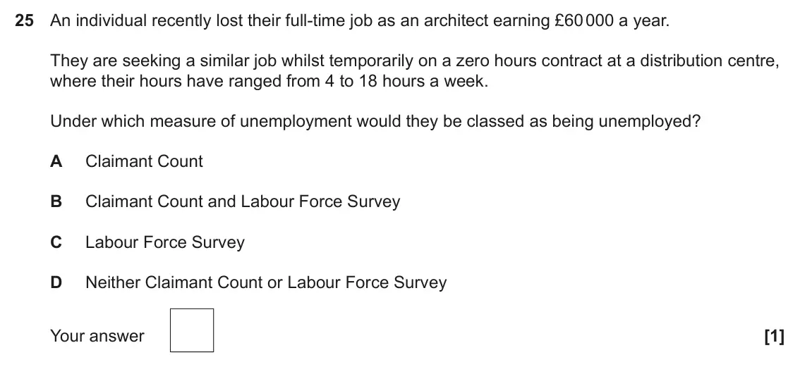 June 2023 Paper 3, question 25: An individual recently lost their full-time job as an architect earning £60 000 a year. They are seeking a similar job whilst temporarily on a zero hours contra