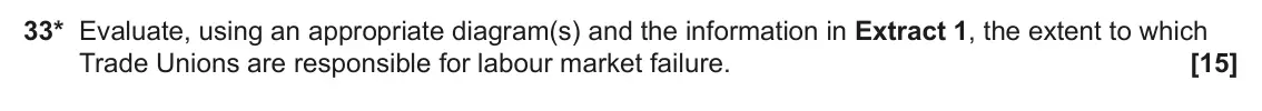 June 2023 Paper 3, question 33: 33* Evaluate, using an appropriate diagram(s) and the information in Extract 1, the extent to which Trade Unions are responsible for labour market failure. [15]