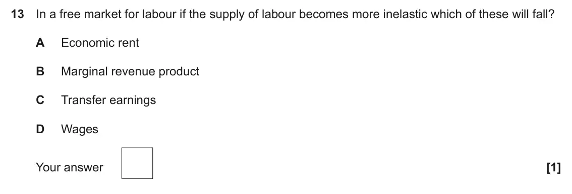 June 2024 Paper 3, question 13: In a free market for labour if the supply of labour becomes more inelastic which of these will fall? A Economic rent B Marginal revenue product C Transfer earni