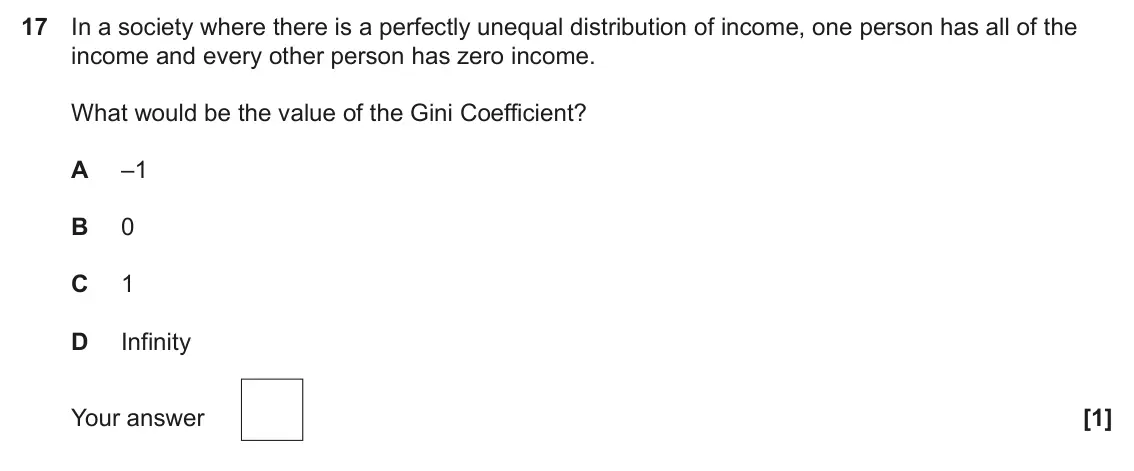 June 2024 Paper 3, question 17: In a society where there is a perfectly unequal distribution of income, one person has all of the income and every other person has zero income. What would be t