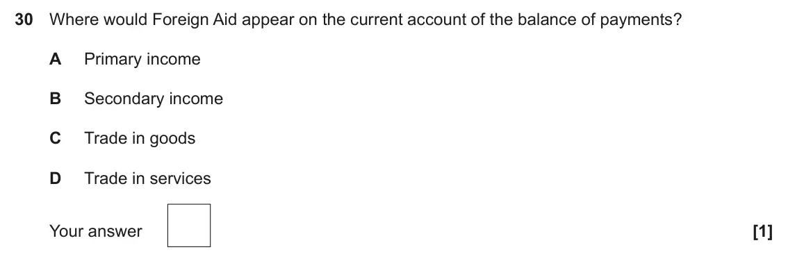June 2024 Paper 3, question 30: Where would Foreign Aid appear on the current account of the balance of payments? A Primary income B Secondary income C Trade in goods D Trade in services [1]