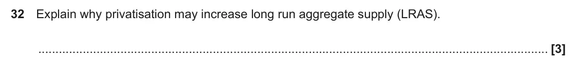 June 2024 Paper 3, question 32: Explain why privatisation may increase long run aggregate supply (LRAS). [3]