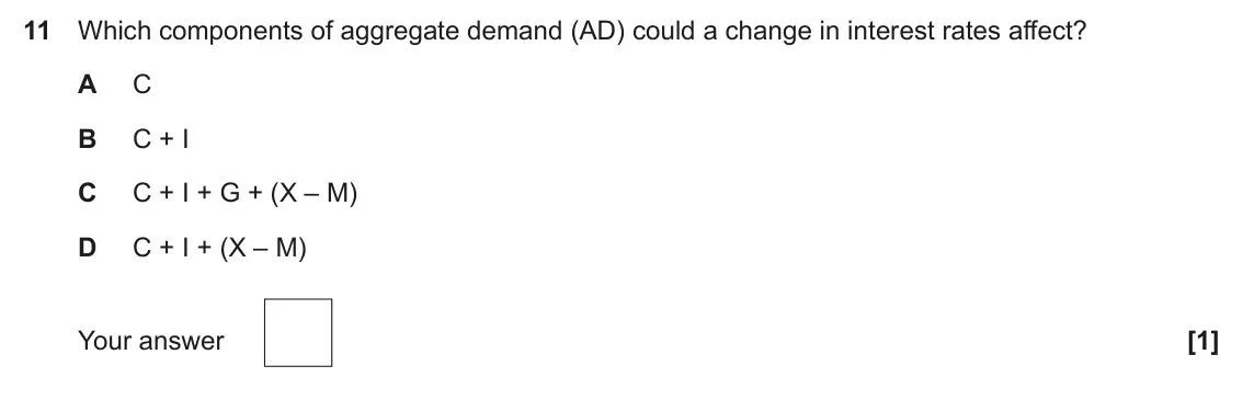 June 2025 Paper 3, question 11: Which components of aggregate demand (AD) could a change in interest rates affect? A C B C + I C C + I + G + (X – M) D C + I + (X – M) [1]