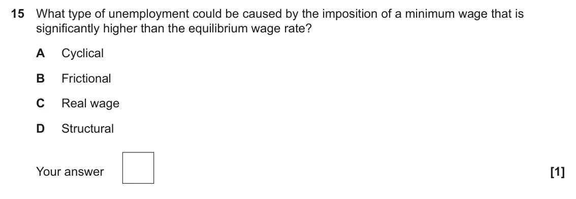 June 2025 Paper 3, question 15: What type of unemployment could be caused by the imposition of a minimum wage that is significantly higher than the equilibrium wage rate? A Cyclical B Friction