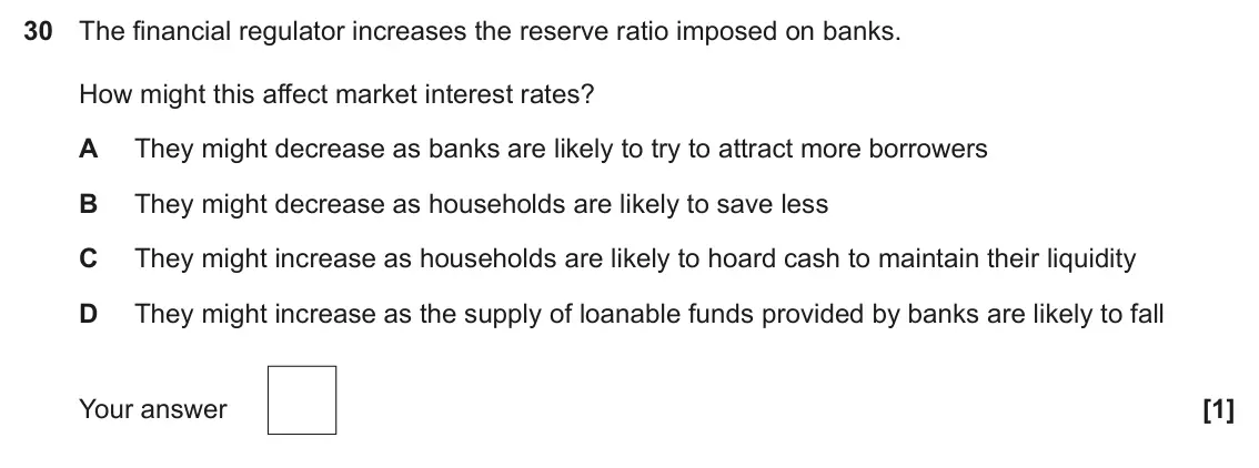 June 2025 Paper 3, question 30: The financial regulator increases the reserve ratio imposed on banks. How might this affect market interest rates? A They might decrease as banks are likely to 