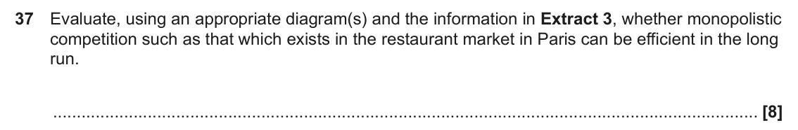 June 2025 Paper 3, question 37: Evaluate, using an appropriate diagram(s) and the information in Extract 3, whether monopolistic competition such as that which exists in the restaurant market 