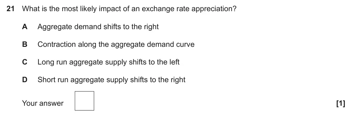 November 2021 Paper 3, question 21: What is the most likely impact of an exchange rate appreciation? A Aggregate demand shifts to the right B Contraction along the aggregate demand curve C Long ru