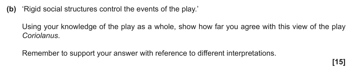 June 2022 Component 1, question 1(b): ‘Rigid social structures control the events of the play.’ Using your knowledge of the play as a whole, show how far you agree with this view of the play Coriola