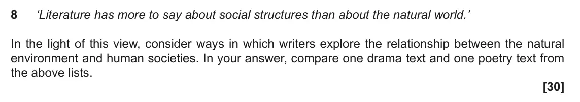 June 2022 Component 1, question 8: ‘Literature has more to say about social structures than about the natural world.’ In the light of this view, consider ways in which writers explore the relatio