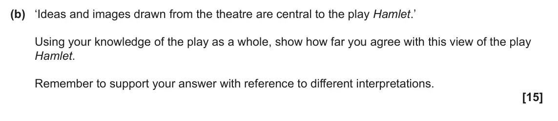 June 2023 Component 1, question 2(b): ‘Ideas and images drawn from the theatre are central to the play Hamlet.’ Using your knowledge of the play as a whole, show how far you agree with this view of 