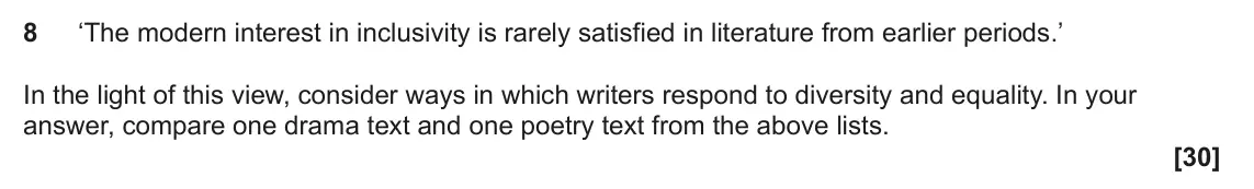 June 2023 Component 1, question 8: ‘The modern interest in inclusivity is rarely satisfied in literature from earlier periods.’ In the light of this view, consider ways in which writers respond t
