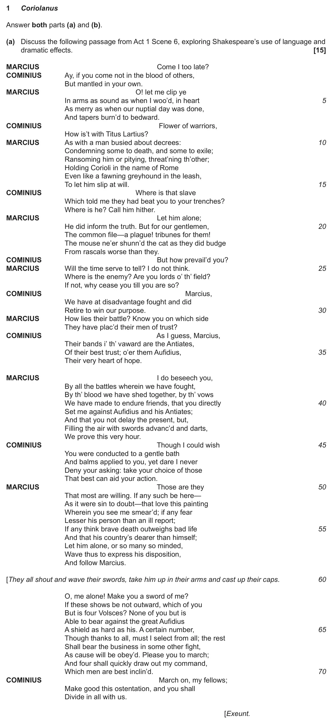 June 2024 Component 1, question 1(a): and (b). (a) Discuss the following passage from Act 1 Scene 6, exploring Shakespeare’s use of language and dramatic effects.