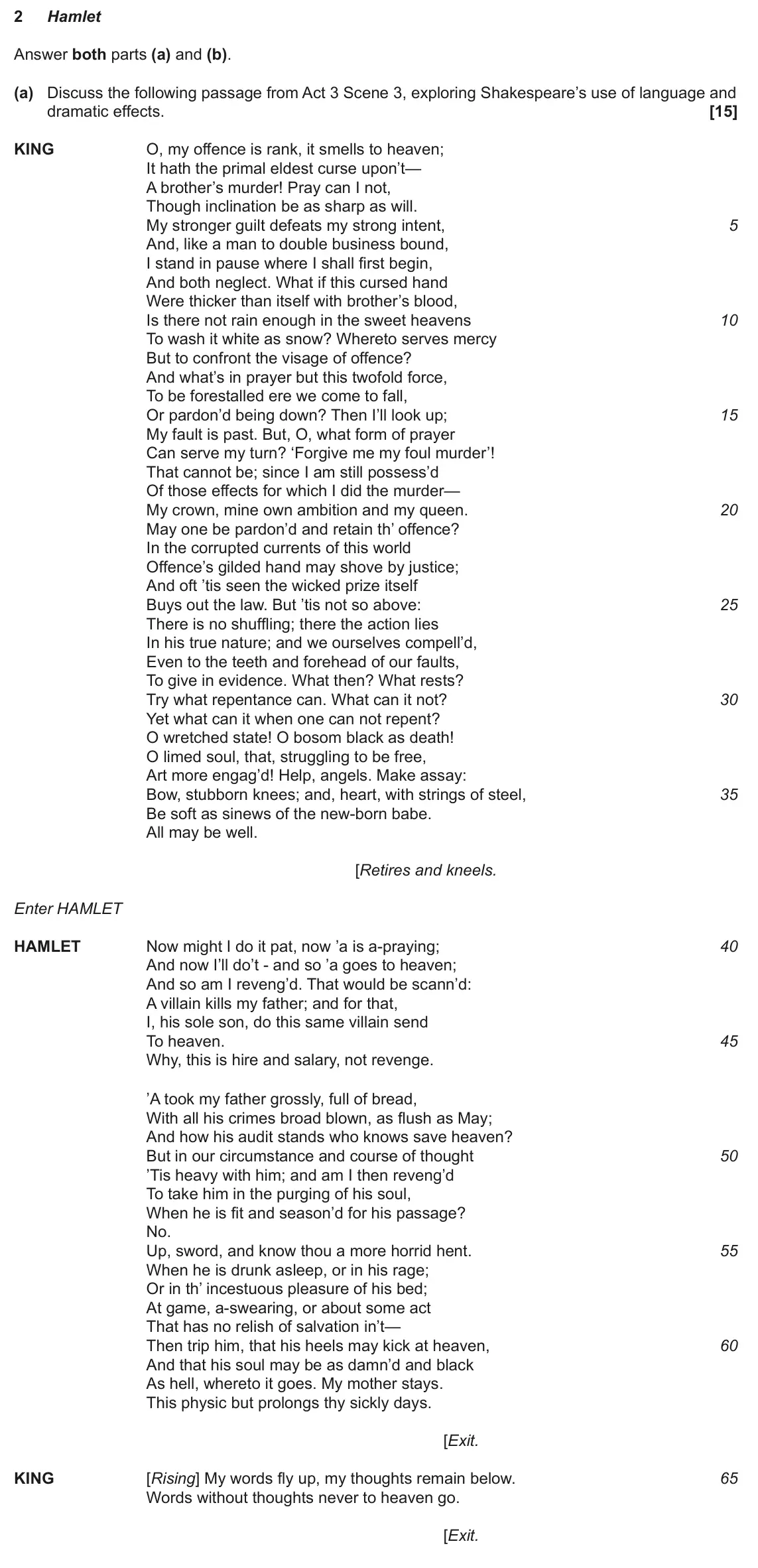 June 2024 Component 1, question 2(a): and (b). (a) Discuss the following passage from Act 3 Scene 3, exploring Shakespeare’s use of language and dramatic effects.