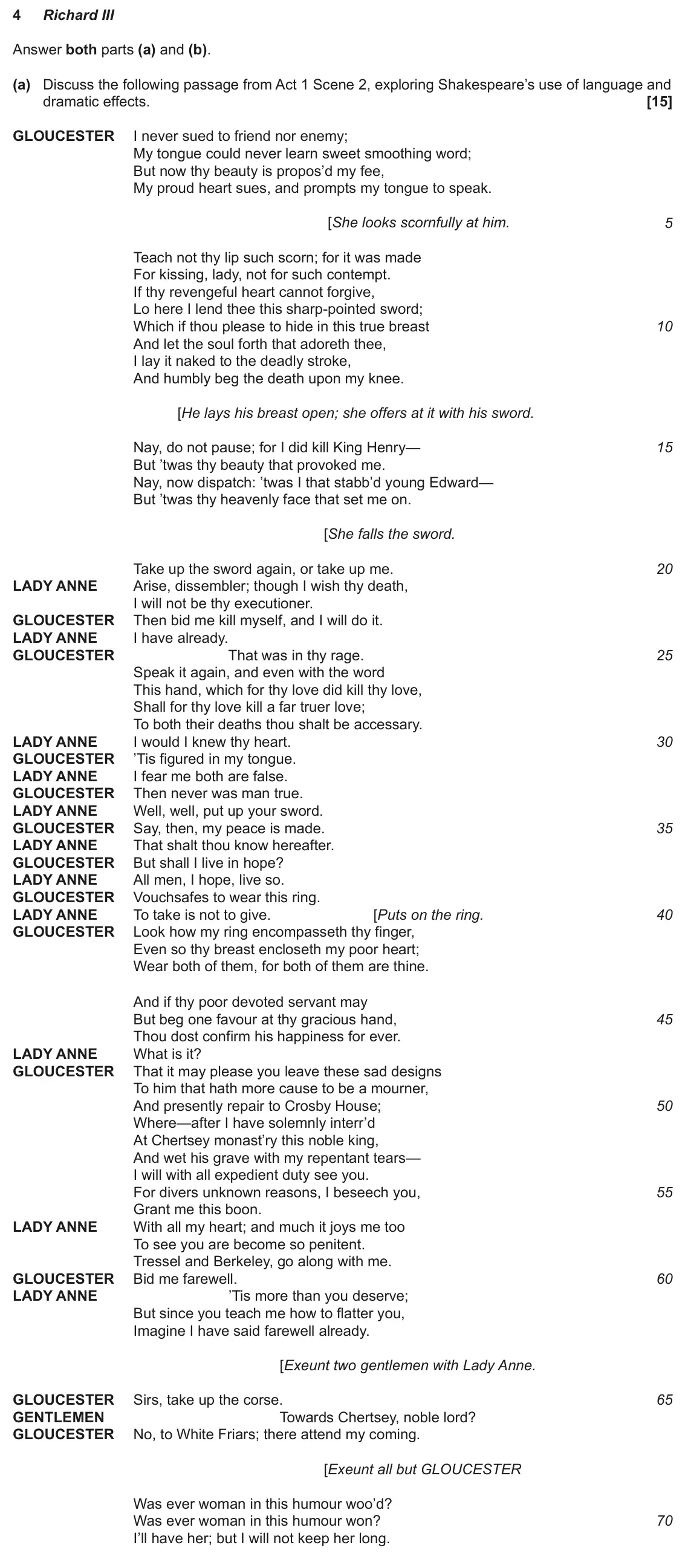 June 2024 Component 1, question 4(a): and (b). (a) Discuss the following passage from Act 1 Scene 2, exploring Shakespeare’s use of language and dramatic effects.