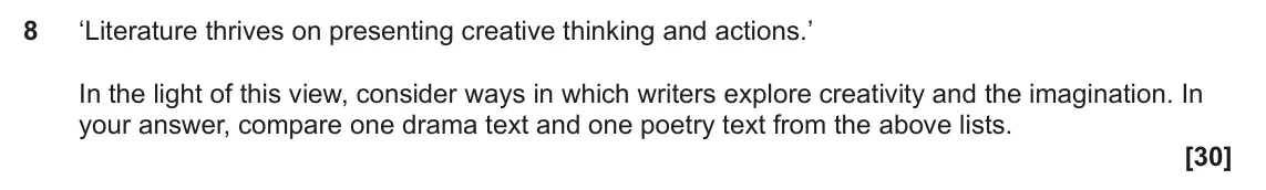 June 2024 Component 1, question 8: ‘Literature thrives on presenting creative thinking and actions.’ In the light of this view, consider ways in which writers explore creativity and the imaginati