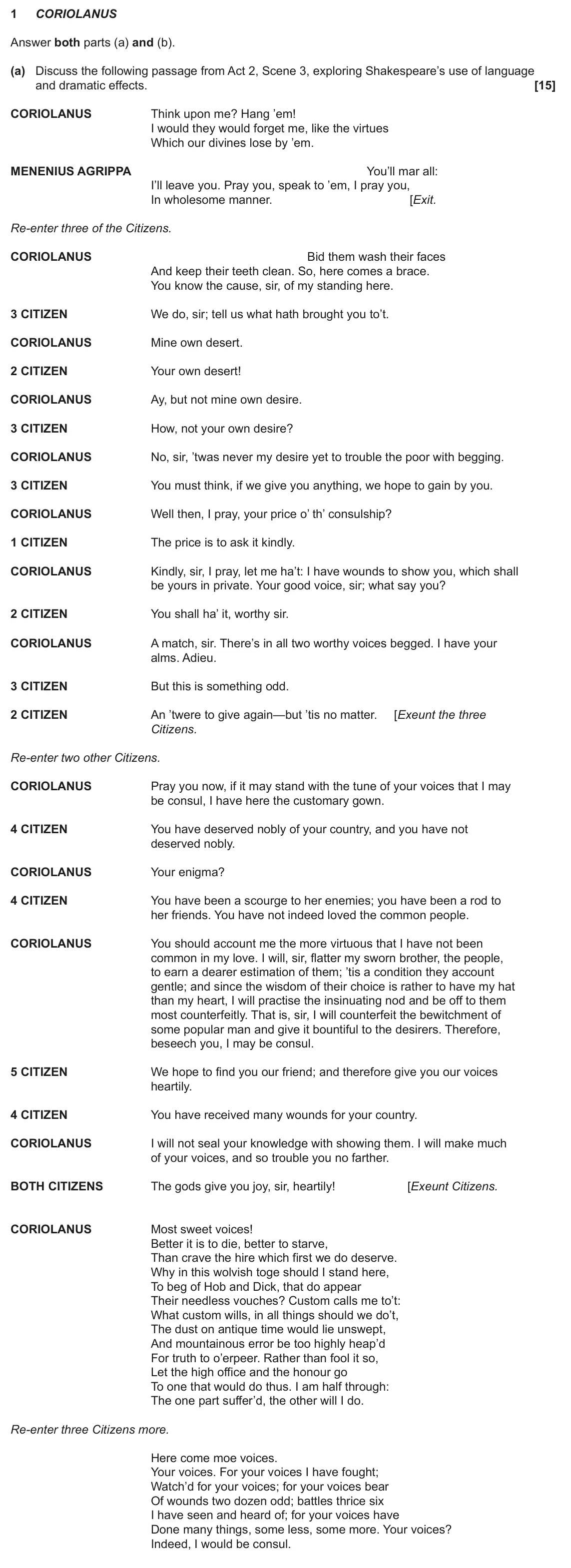 June 2025 Component 1, question 1(a): and (b). (a) Discuss the following passage from Act 2, Scene 3, exploring Shakespeare’s use of language and dramatic effects.