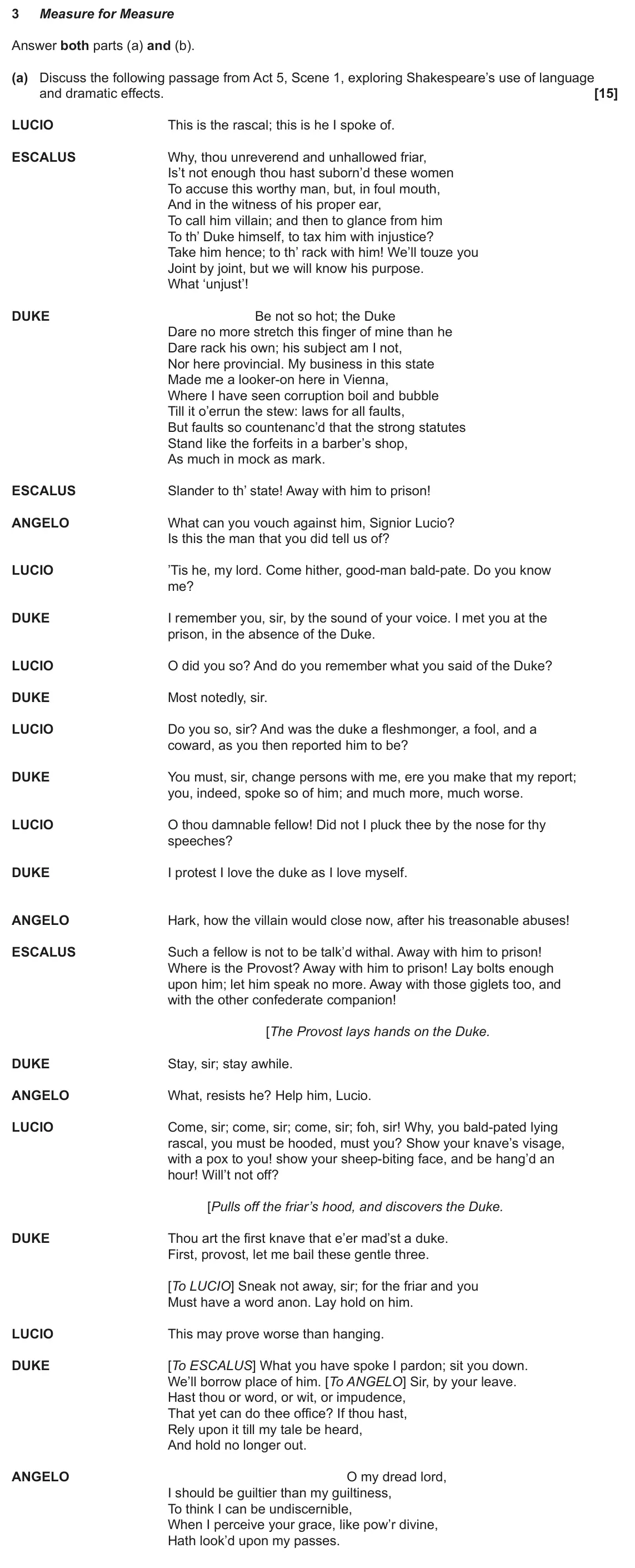 June 2025 Component 1, question 3(a): and (b). (a) Discuss the following passage from Act 5, Scene 1, exploring Shakespeare’s use of language and dramatic effects.