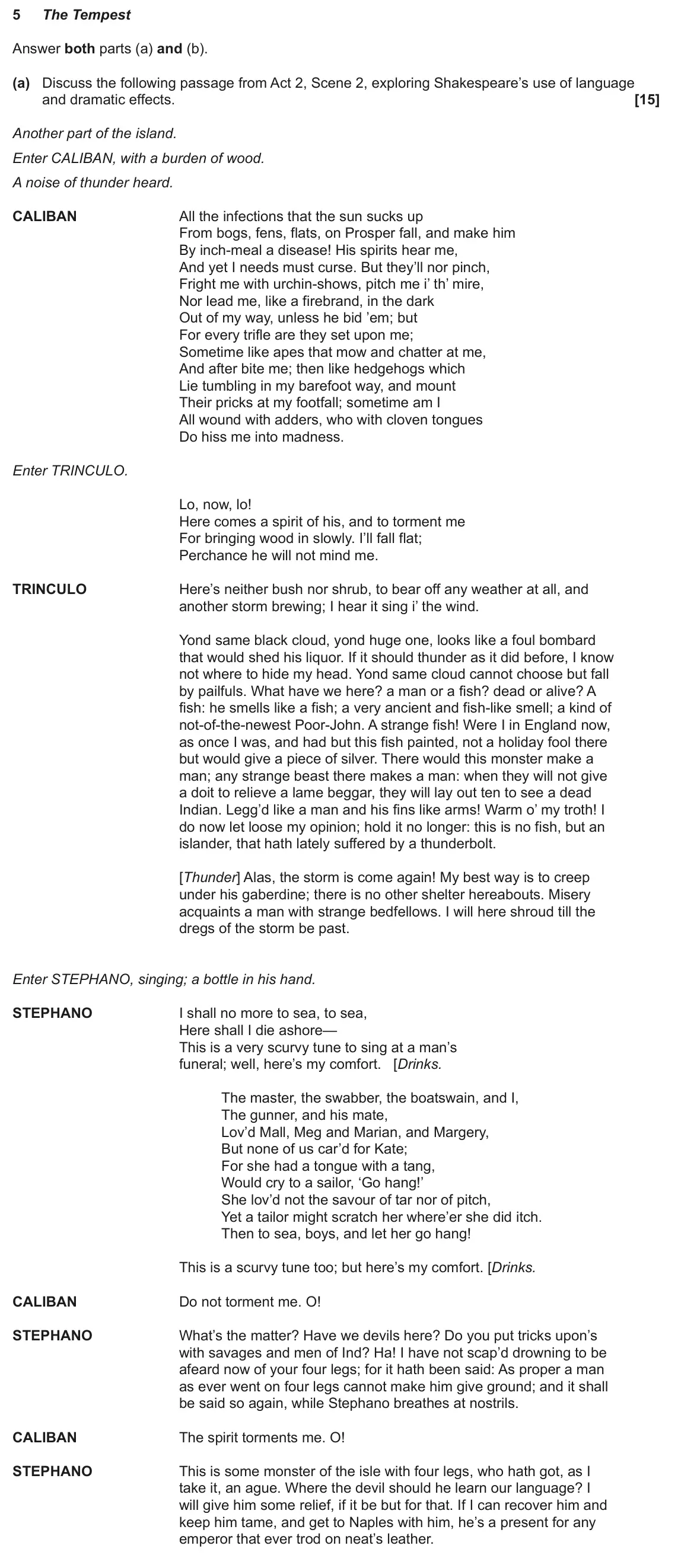 June 2025 Component 1, question 5(a): and (b). (a) Discuss the following passage from Act 2, Scene 2, exploring Shakespeare’s use of language and dramatic effects.