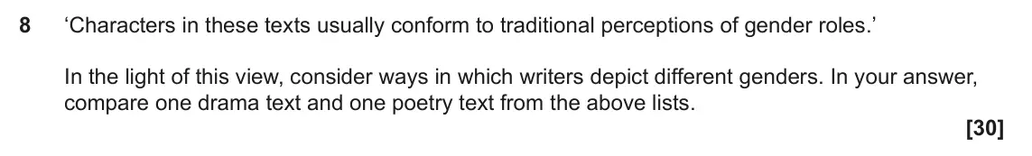 June 2025 Component 1, question 8: ‘Characters in these texts usually conform to traditional perceptions of gender roles.’ In the light of this view, consider ways in which writers depict differe