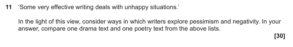 June 2025 Component 1, question 11: ‘Some very effective writing deals with unhappy situations.’ In the light of this view, consider ways in which writers explore pessimism and negativity. In your