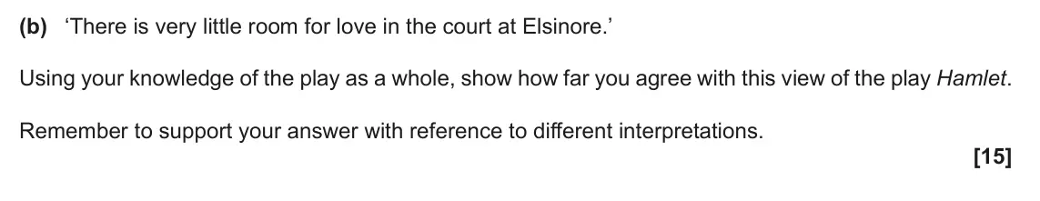 November 2021 Component 1, question 2(b): ‘There is very little room for love in the court at Elsinore.’ Using your knowledge of the play as a whole, show how far you agree with this view of the play Ha