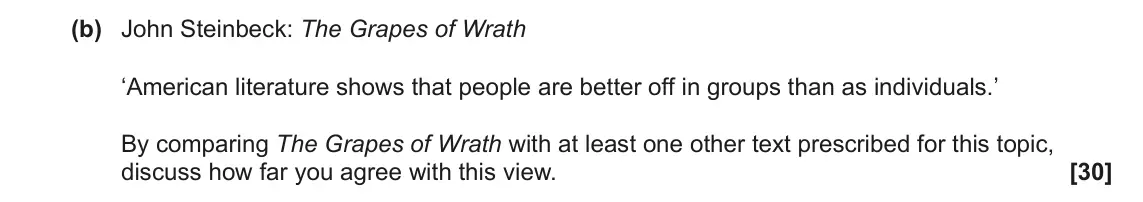 June 2022 Component 2, question 2(b): John Steinbeck: The Grapes of Wrath ‘American literature shows that people are better off in groups than as individuals.’ By comparing The Grapes of Wrath with 