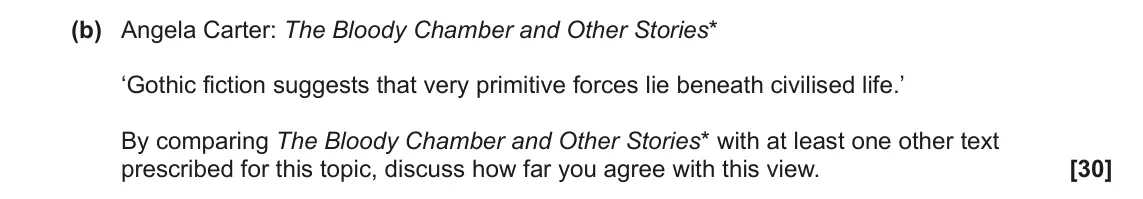 June 2022 Component 2, question 4(b): Angela Carter: The Bloody Chamber and Other Stories* ‘Gothic fiction suggests that very primitive forces lie beneath civilised life.’ By comparing The Bloody Ch