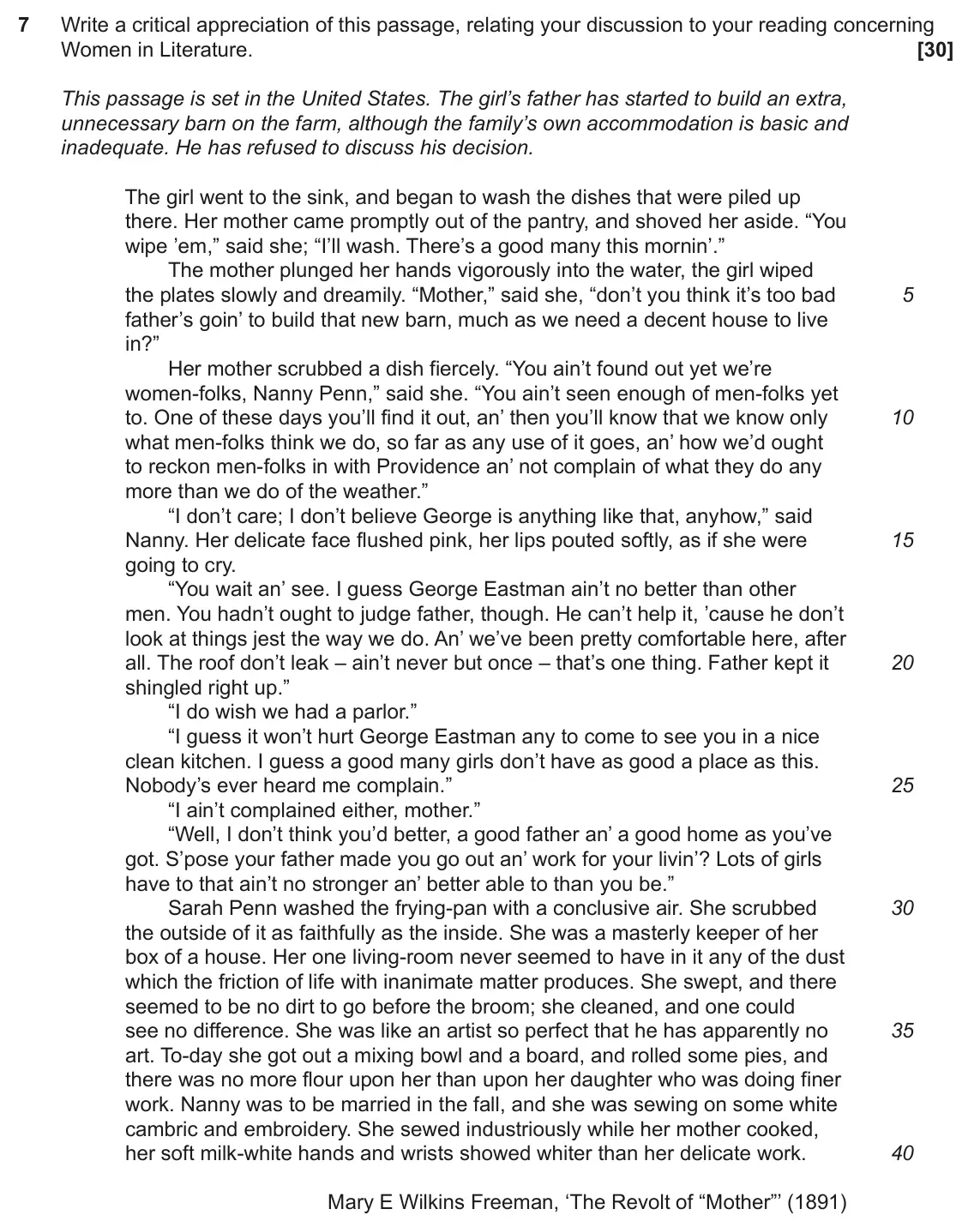 June 2022 Component 2, question 7: Write a critical appreciation of this passage, relating your discussion to your reading concerning Women in Literature.