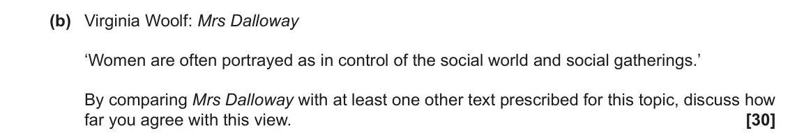 June 2022 Component 2, question 8(b): Virginia Woolf: Mrs Dalloway ‘Women are often portrayed as in control of the social world and social gatherings.’ By comparing Mrs Dalloway with at least one ot